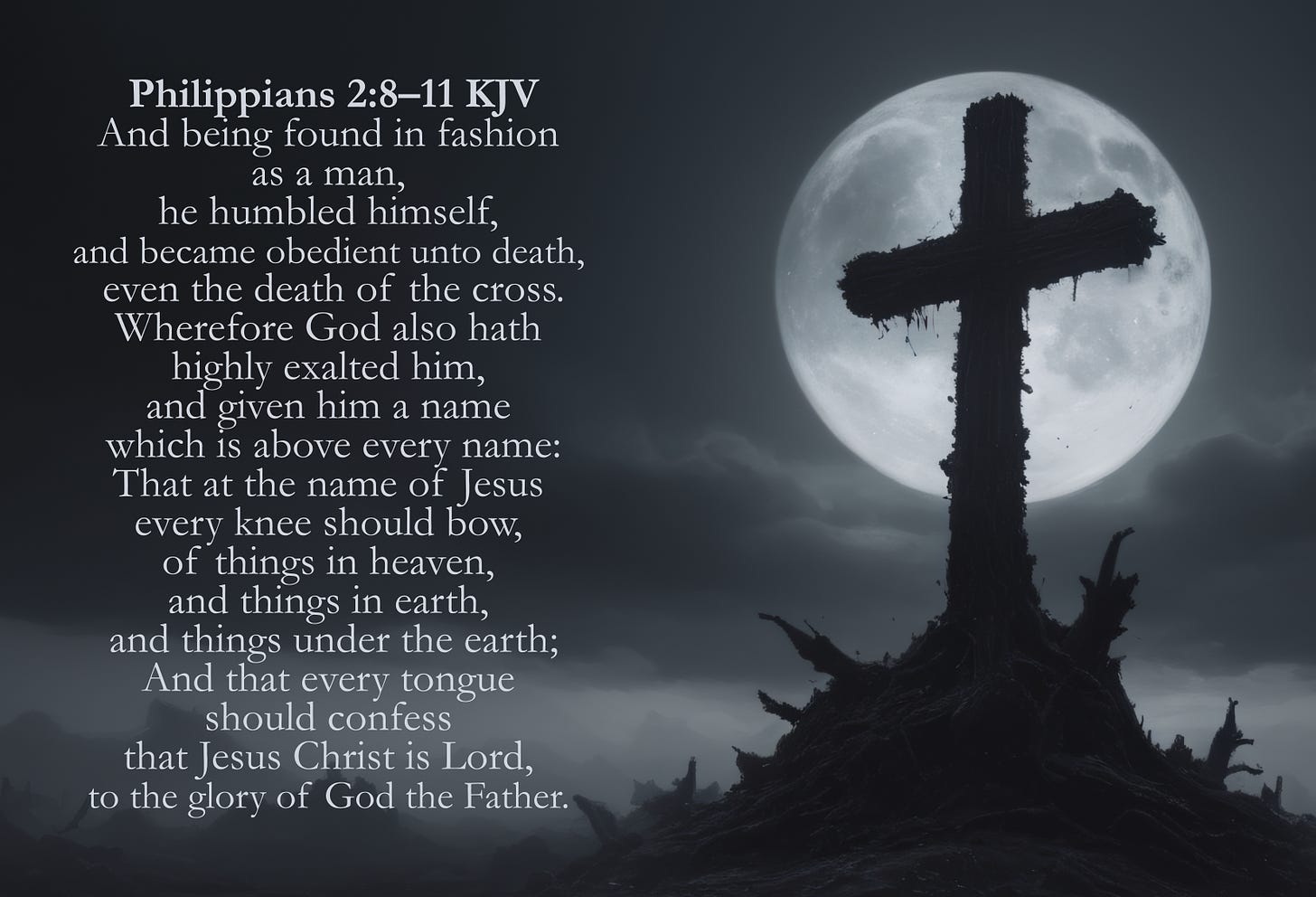Deathly Cross KJV Card - Philippians 2:8–11 KJV - And being found in fashion as a man, he humbled himself, and became obedient unto death, even the death of the cross. Wherefore God also hath highly exalted him, and given him a name which is above every name: That at the name of Jesus every knee should bow, of things in heaven, and things in earth, and things under the earth; And that every tongue should confess that Jesus Christ is Lord, to the glory of God the Father.  