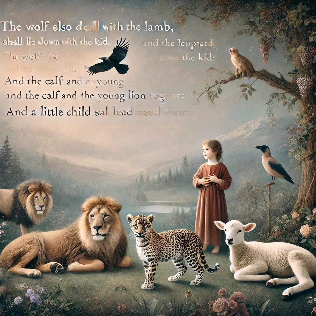 A peaceful scene inspired by the biblical verse: 'The wolf also shall dwell with the lamb, and the leopard shall lie down with the kid; and the calf and the young lion and the fatling together; and a little child shall lead them.' In a serene landscape, a wolf sits calmly next to a lamb, while a leopard lies peacefully beside a young goat (kid). Nearby, a calf and a young lion stand together with a fatling, all in harmony. A small child gently leads them. The background features the text of the passage in elegant script, blending with the sky. A crow is perched on a nearby tree branch, adding a mystical presence. The atmosphere is divine, with soft light symbolizing unity and peace.