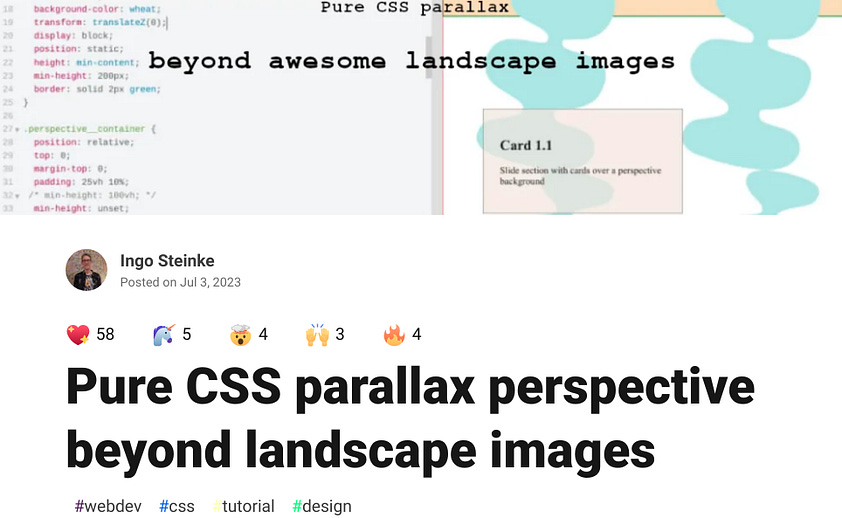 Post screenshot: Pure CSS parallax perspective beyond landscape images by Ingo Steinke on DEV
