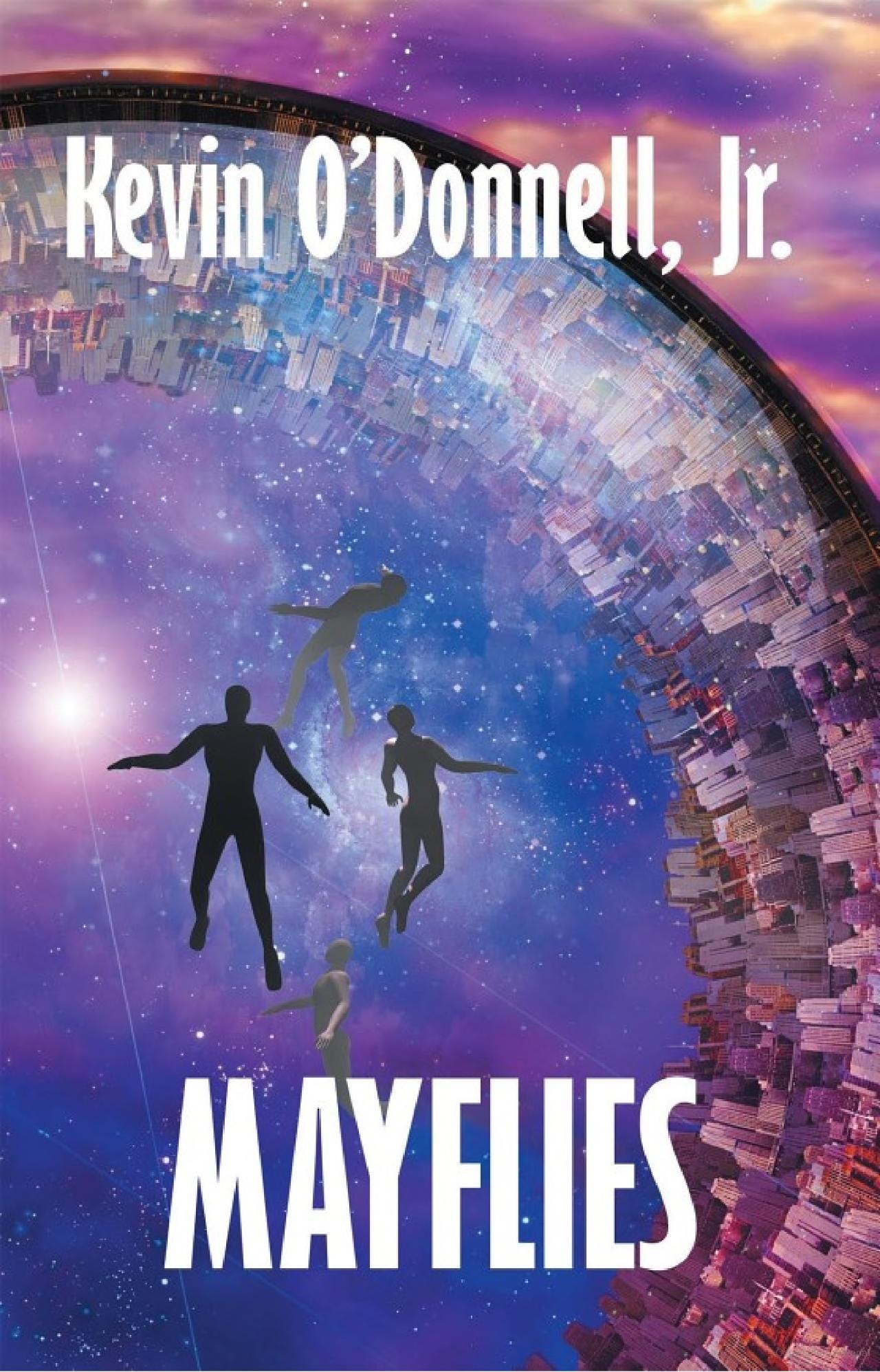 Four human figures floating in space before a starscape beneath a curved upside down city