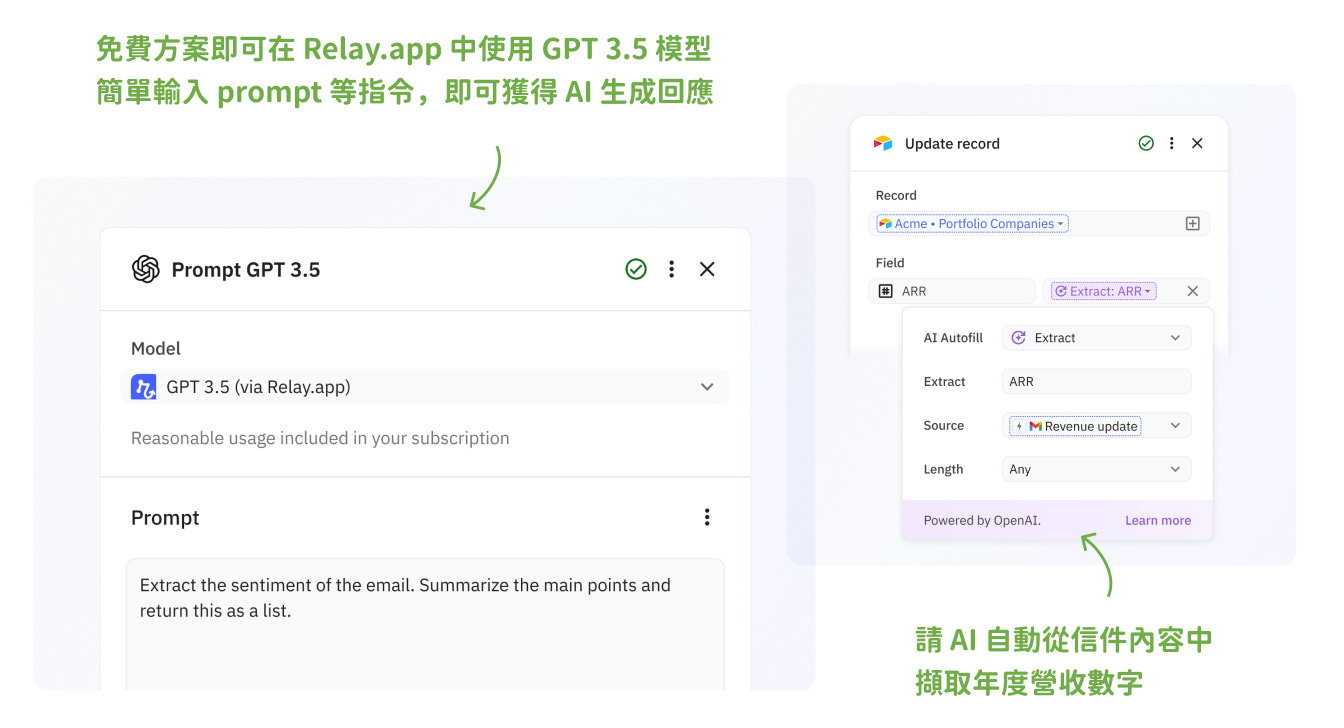 Relay.app 納入 AI 應用示意