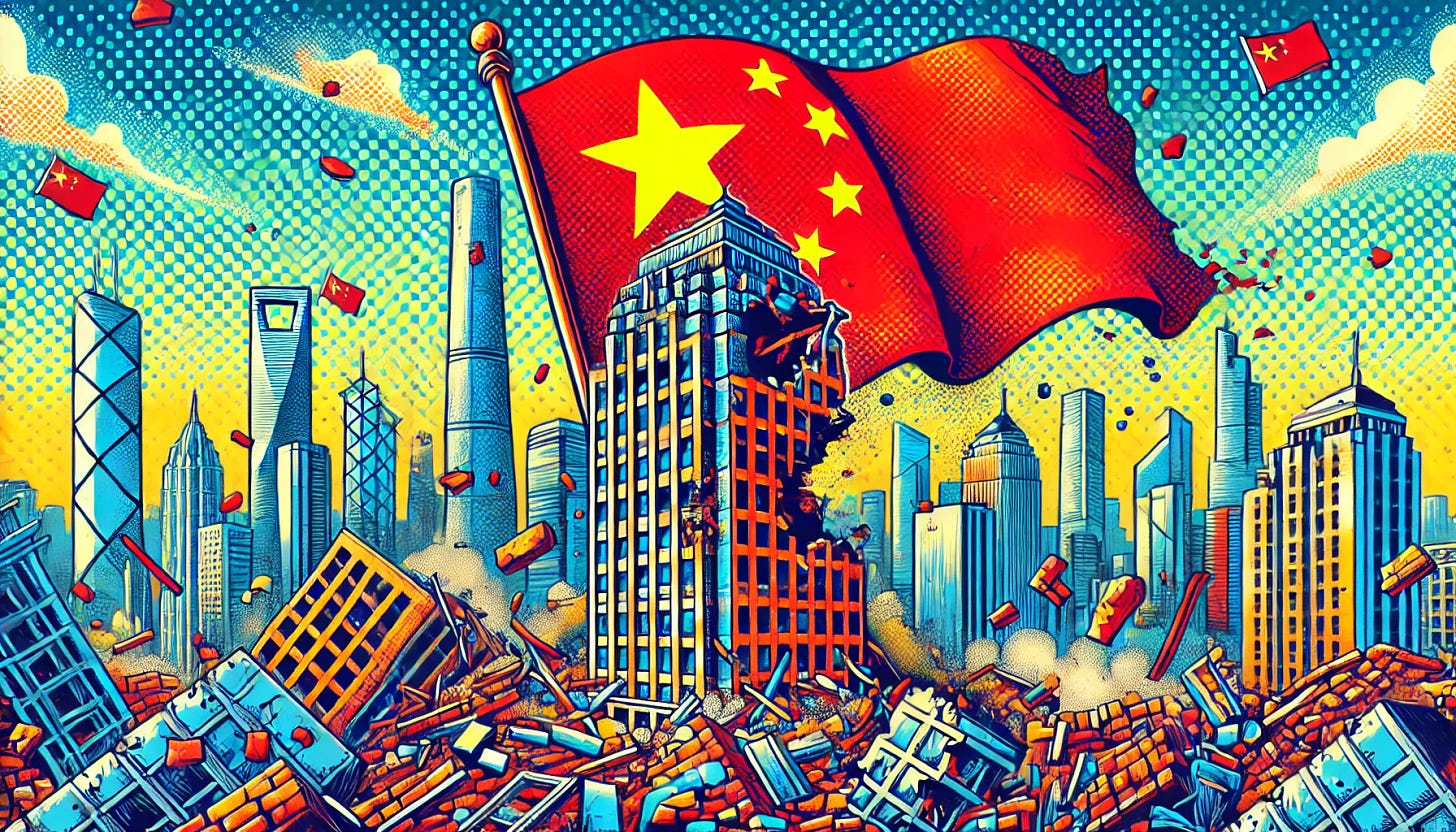 A vibrant pop-art style 16:9 illustration depicting the financial turmoil in China with destroyed buildings and the Chinese flag. The scene includes crumbling skyscrapers, shattered windows, and debris scattered across a cityscape, with the Chinese flag prominently displayed. The overall mood reflects financial instability and record defaults.