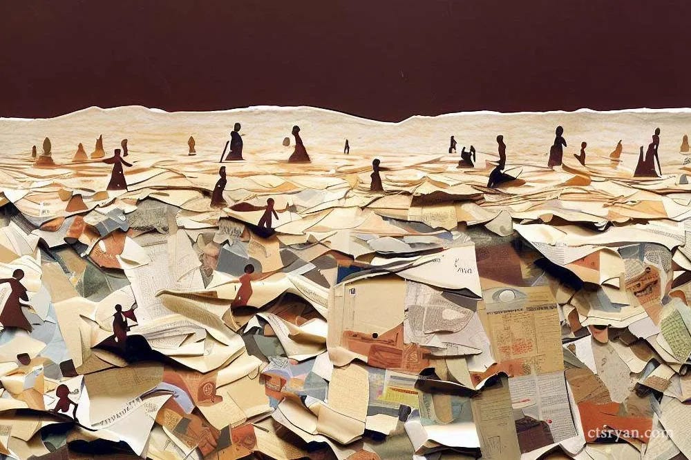 A sea of Papers with two dimensional human figures seeming lost