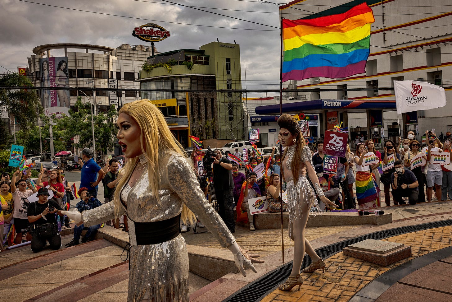 Drag queens Lumina Klum and Mrs. Tan perform as activists take part in a protest to kick off Pride month in Quezon City, Metro Manila, Philippines, June 2, 2023. (Ezra Acayan—Getty Images)