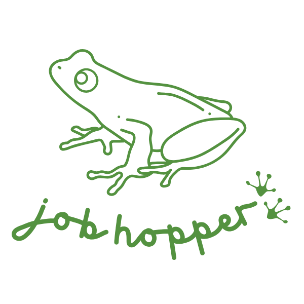 Green line drawing of a tree frog with the words "job hopper" underneath.