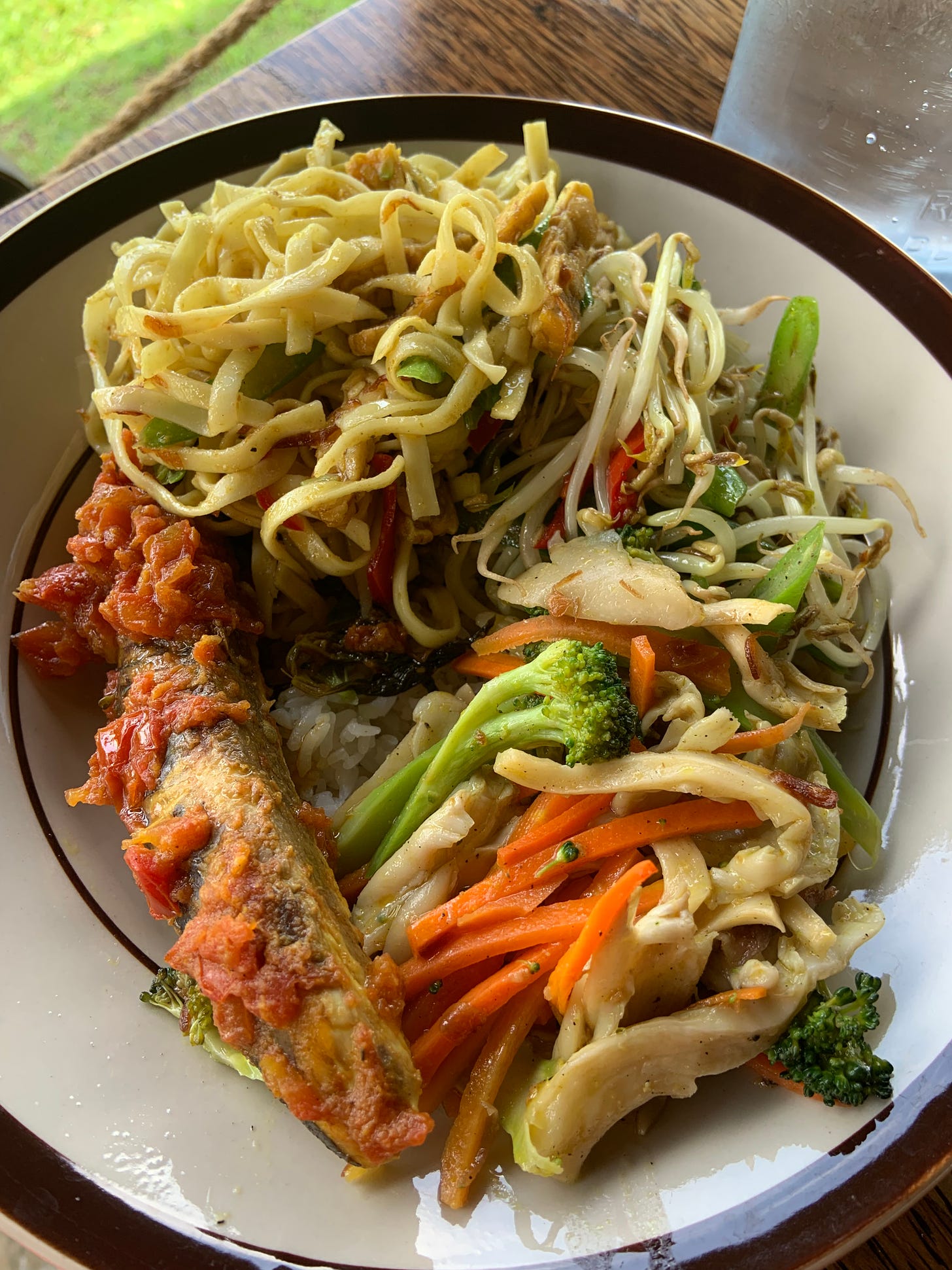 A classic Balinese lunch served in a white and brow bowl. Tuna fish covered in tomato sauce, stir fried noodles with brocoli, carrots, and sprouts.