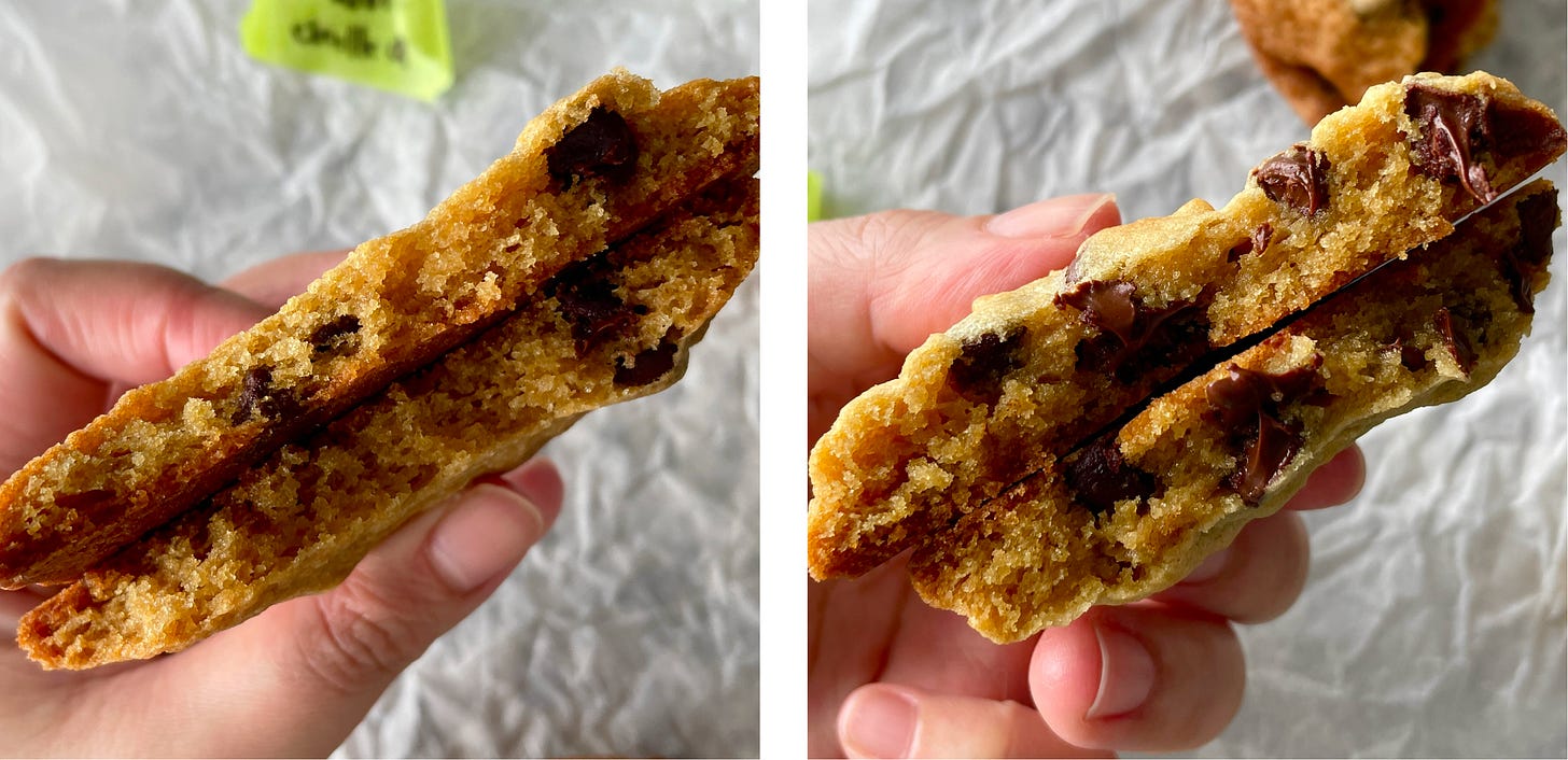 cross-section of chocolate chip cookie on left using melted butter vs cross-section chocolate chip cookie using softened butter on right