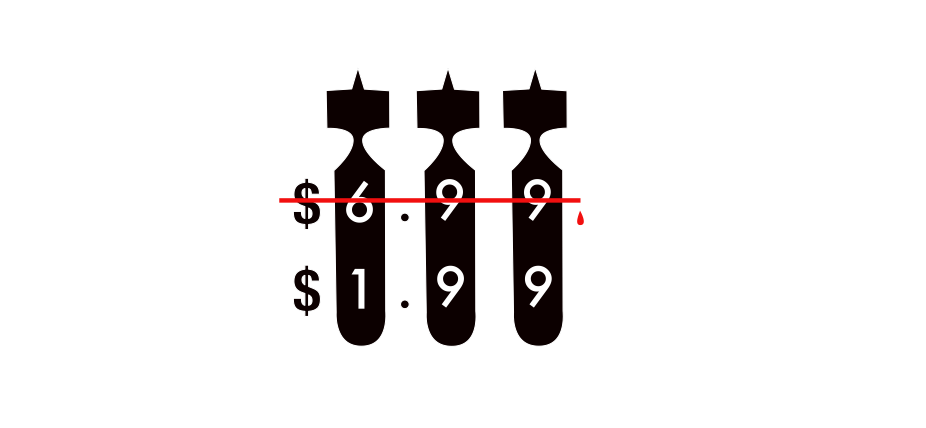 Three black bombs stood vertically side-by-side. Juxtaposed over the top of them are two prices. The first is $6.99, the second, $1.99. The first is crossed out in blood.