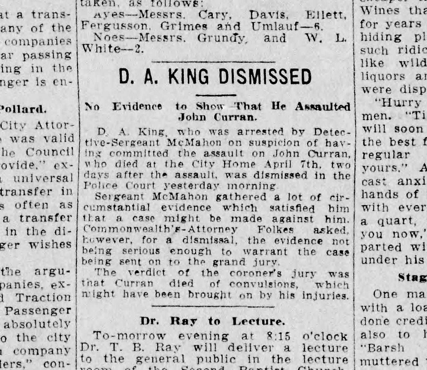 Newspaper clipping describing D.A. King's acquittal