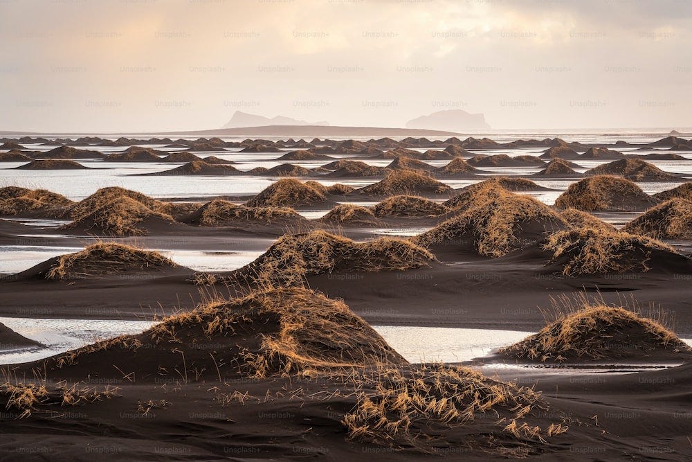 Un grupo de montículos de arena sentados en la cima de una playa