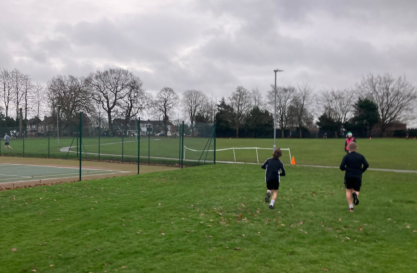 Grassy field next to tennis courts