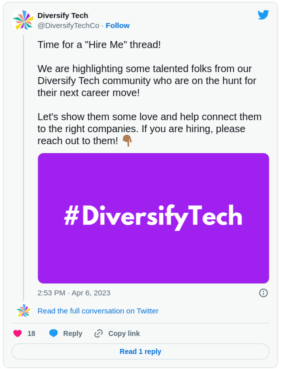 Diversify Tech @DiversifyTechCo Time for a "Hire Me" thread!  We are highlighting some talented folks from our Diversify Tech community who are on the hunt for their next career move!   Let's show them some love and help connect them to the right companies. If you are hiring, please reach out to them! 👇🏾