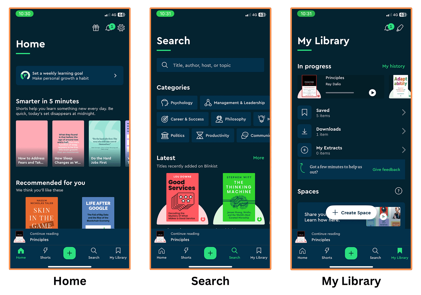 Blinkist's mobile app (dark mode)