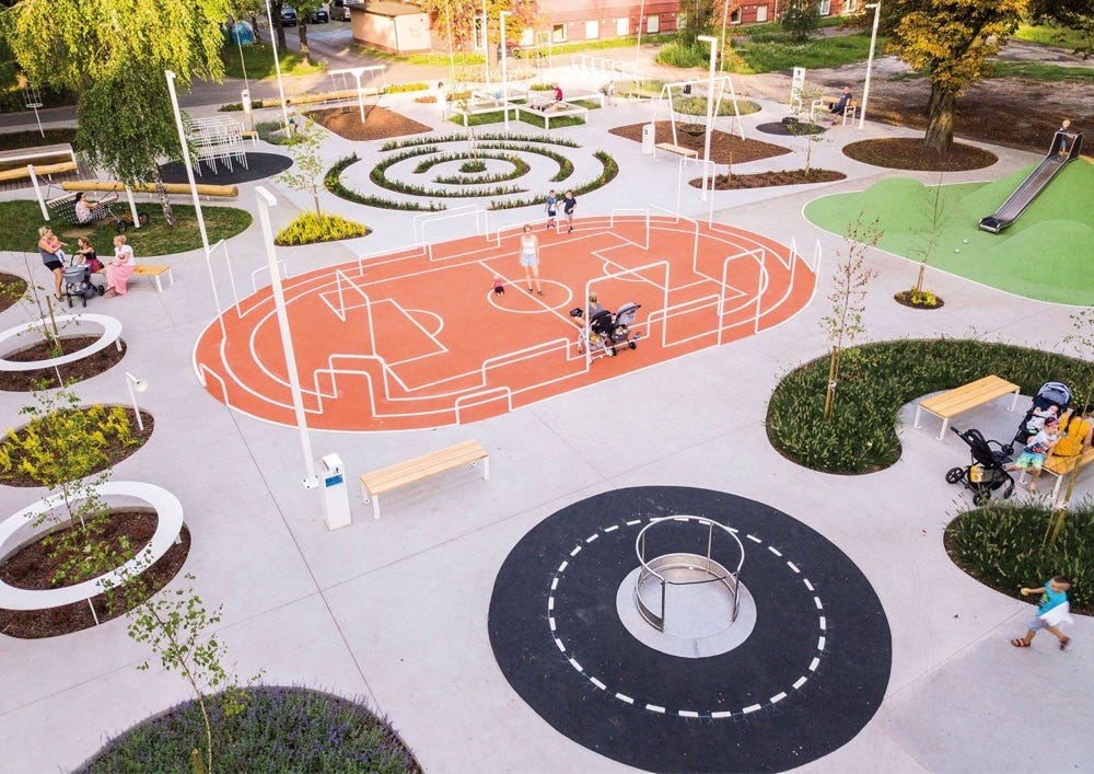 overhead view of a colorful and tidy park in Poland