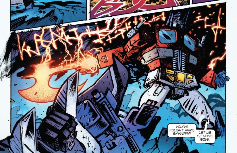 Transformers issue 3 panel by Daniel Warren Johnson and Mike Spicer. The image is Optimus Prime wielding his laser axe
