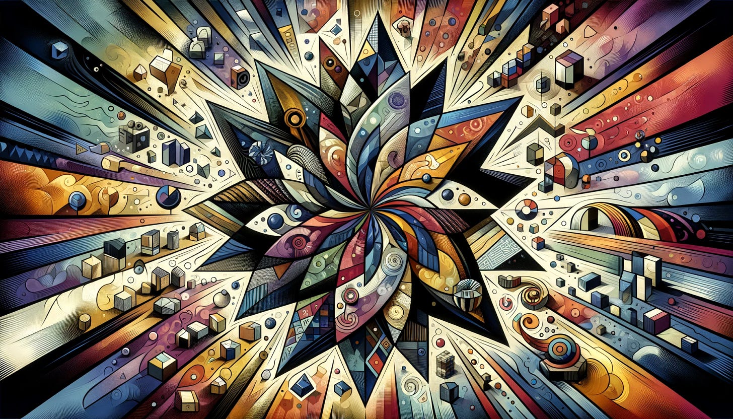 Create an abstract, expressionist-style illustration featuring a stylized or exaggerated kaleidoscope or prism as the central element, with distinct facets or segments visible. Each facet should represent a different strategy or approach in response to changes in consumption behavior, driven by either relative prices or preferences. For instance, one facet could symbolize adjusting prices or reducing opportunity costs through abstract imagery, while another could represent adapting to changing preferences with different abstract elements. Utilize shapes, colors, textures, or patterns to abstractly convey these strategies or approaches, ensuring each facet is distinct and symbolic. The composition should exude a sense of complexity and the necessity of considering multiple perspectives or approaches depending on the factors driving consumption behavior changes. Aim for a widescreen image to encapsulate the diversity of strategies within the kaleidoscope or prism.