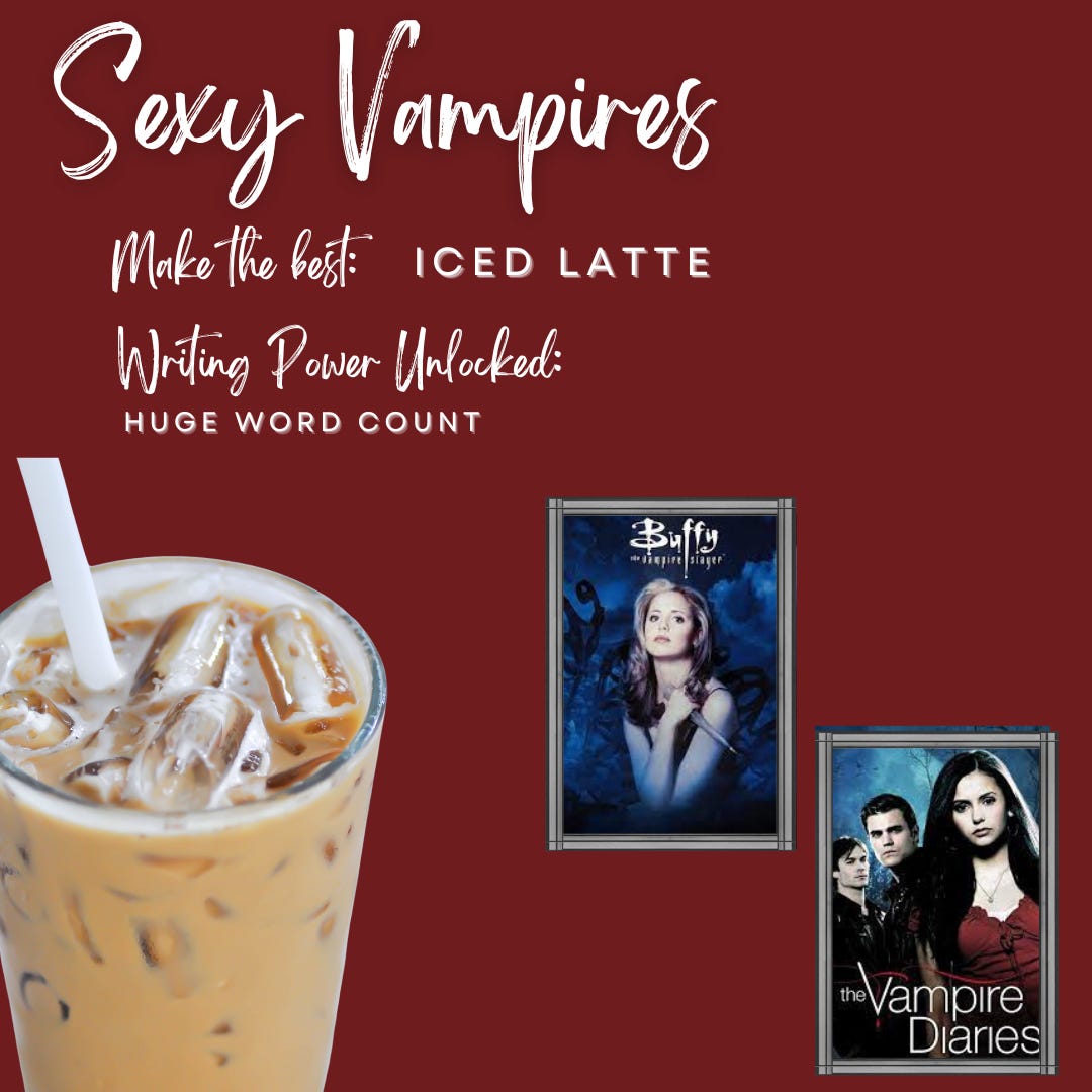 A wine colored background with a picture of buffy the vampire slayer and vampire diaries and an iced latte. Text: Sexy vampires make the best iced latte, writing power unlocked huge word count