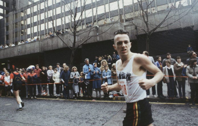 Joe Strummer runs the London Marathon in 1983. CREDIT: Steve Rapport
