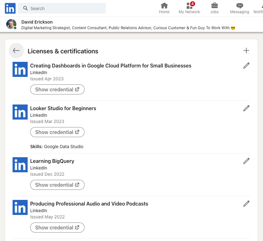 Screenshot of LinkedIn's LIcenses & Certifications profile section