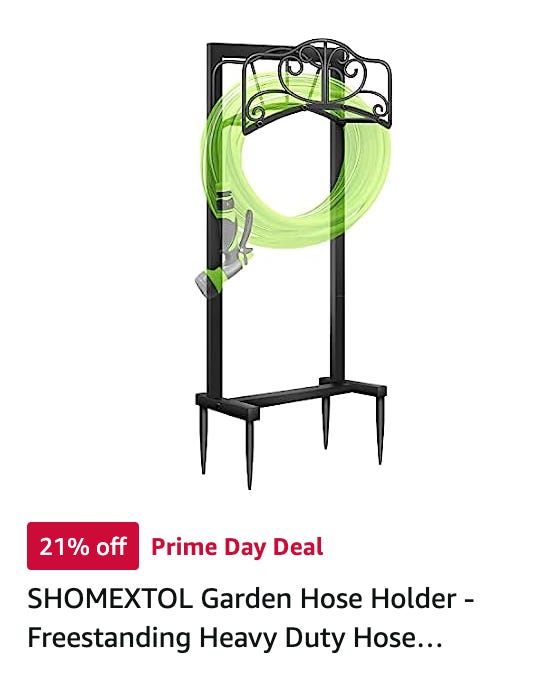 Amazon listing for a hose holder; it's black and has a decorative hook up at the top where a slightly transparent green hose hangs. The bottom is spikes to be driven into the ground.