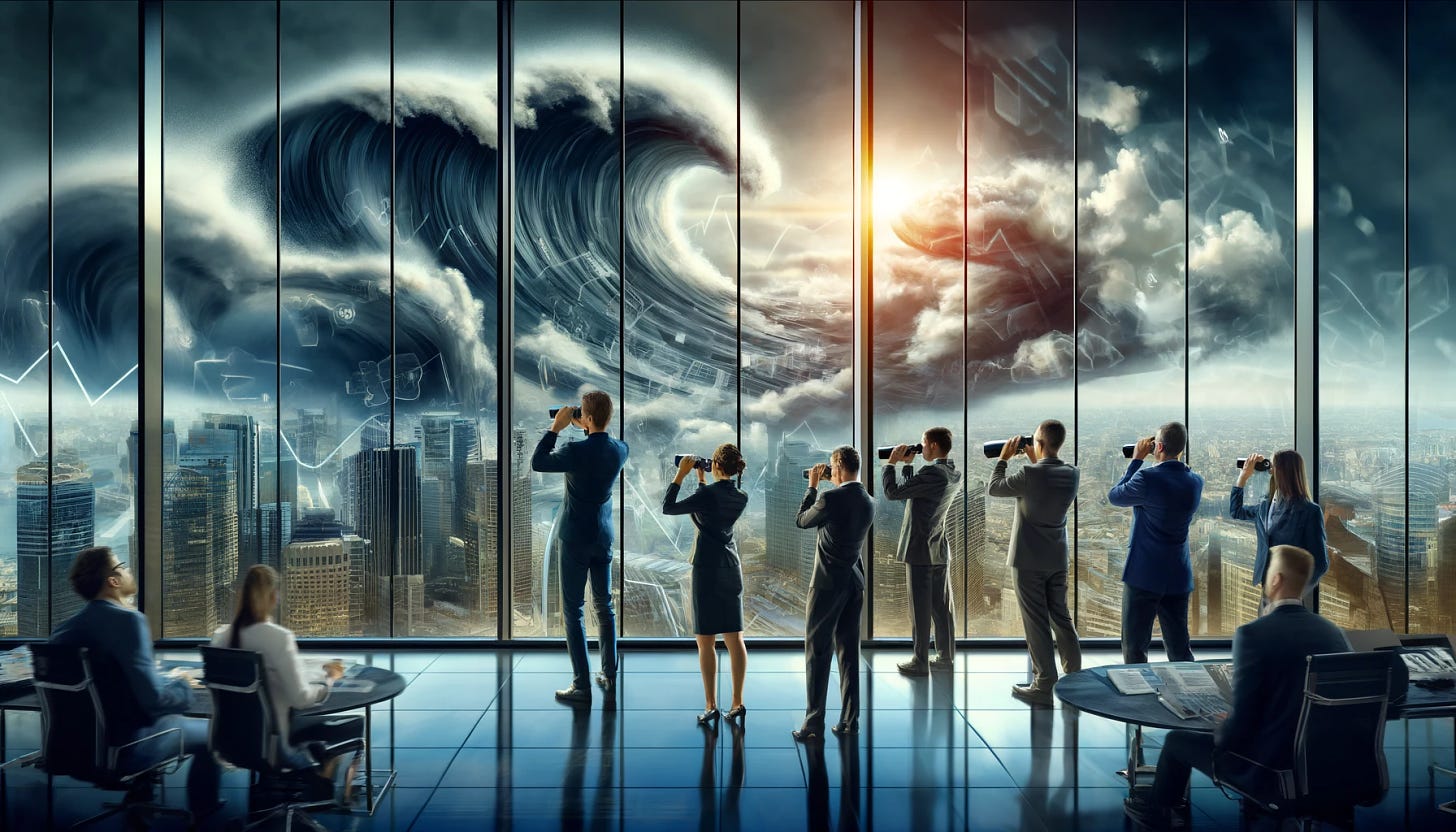 A dynamic scene on a trading floor with professional traders using binoculars to literally scan the outside world, where visible signs of market volatility and turbulence are depicted. Outside the large windows, a metaphorical storm represents financial turbulence, with swirling winds and chaotic movement. Inside, traders of diverse genders and ethnicities, dressed in business attire, are focused and analytical, using binoculars to observe and analyze the chaos. The trading floor is modern and brightly lit, emphasizing their proactive approach to finding opportunities.