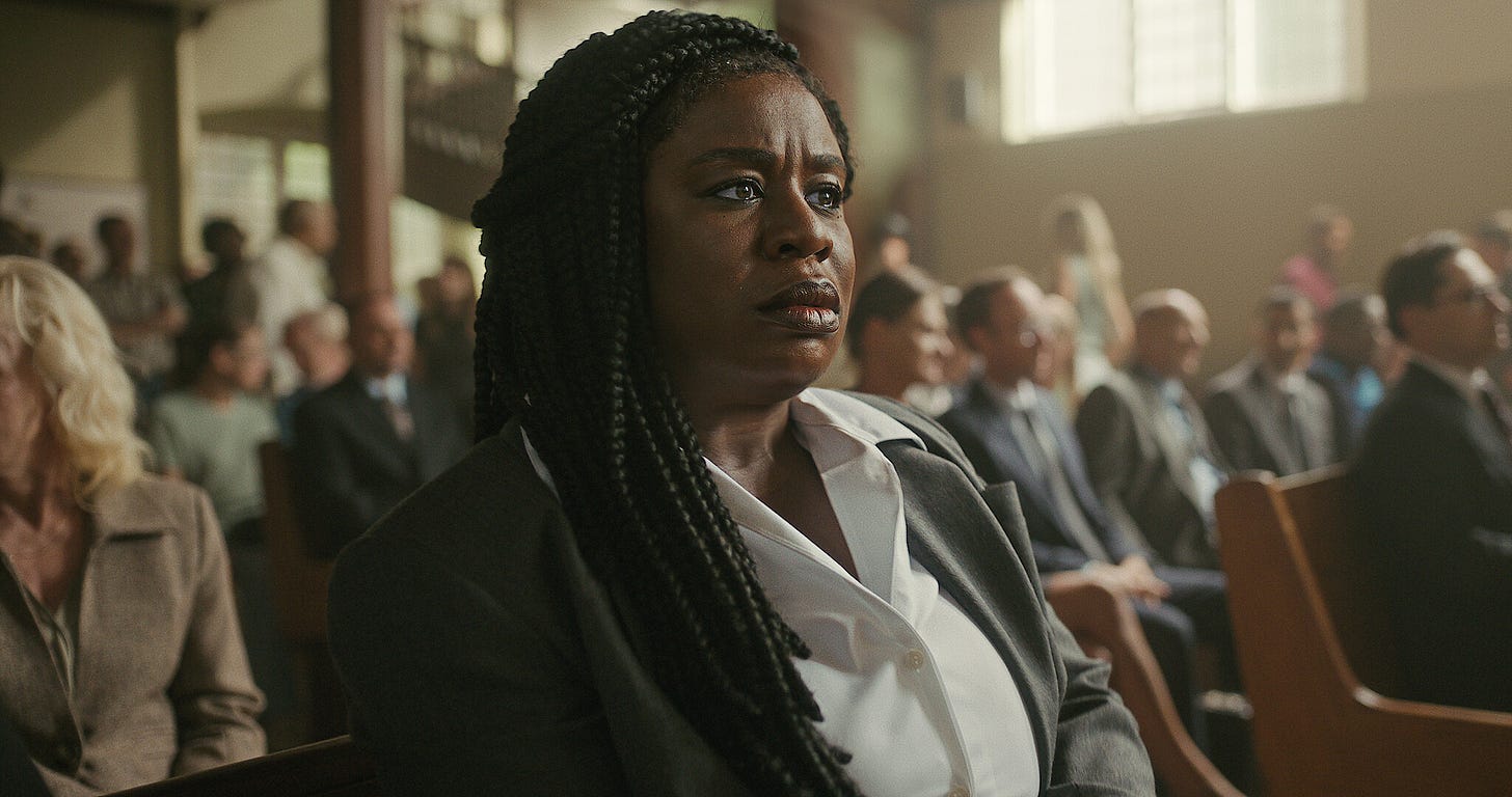 A black woman in corporate wear sitting in court