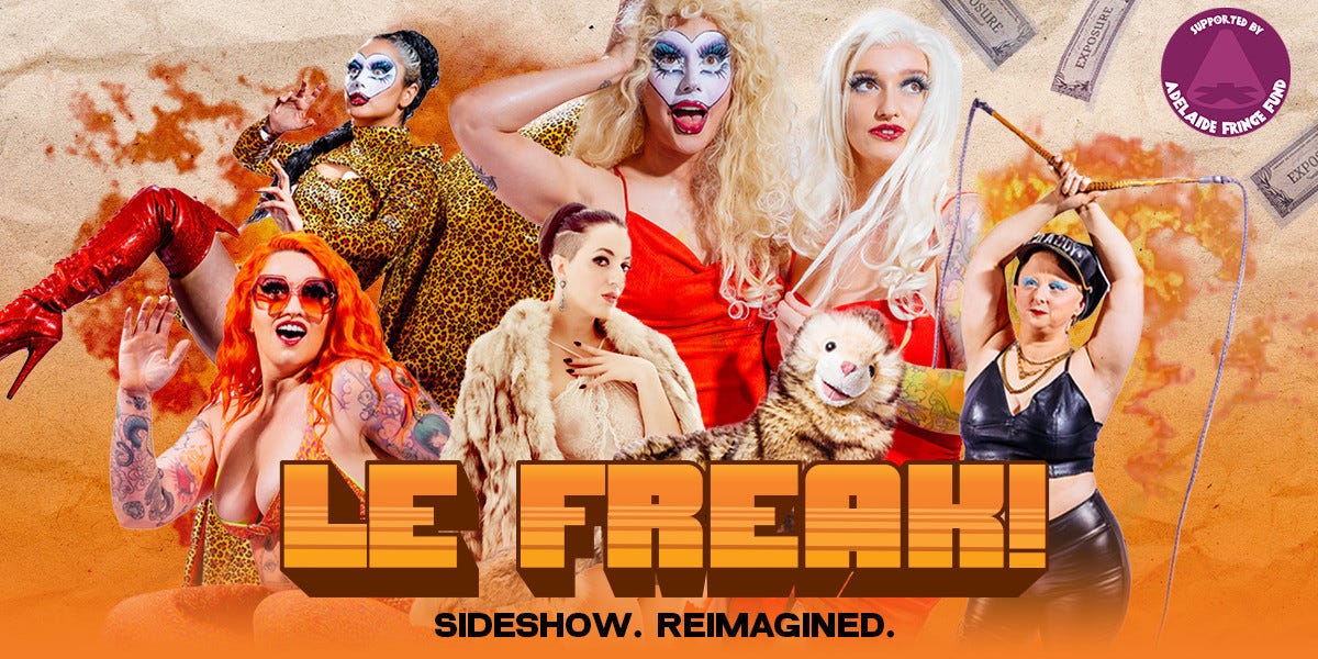 A promotional banner for a sexy show features several femme performers against a fiery background.