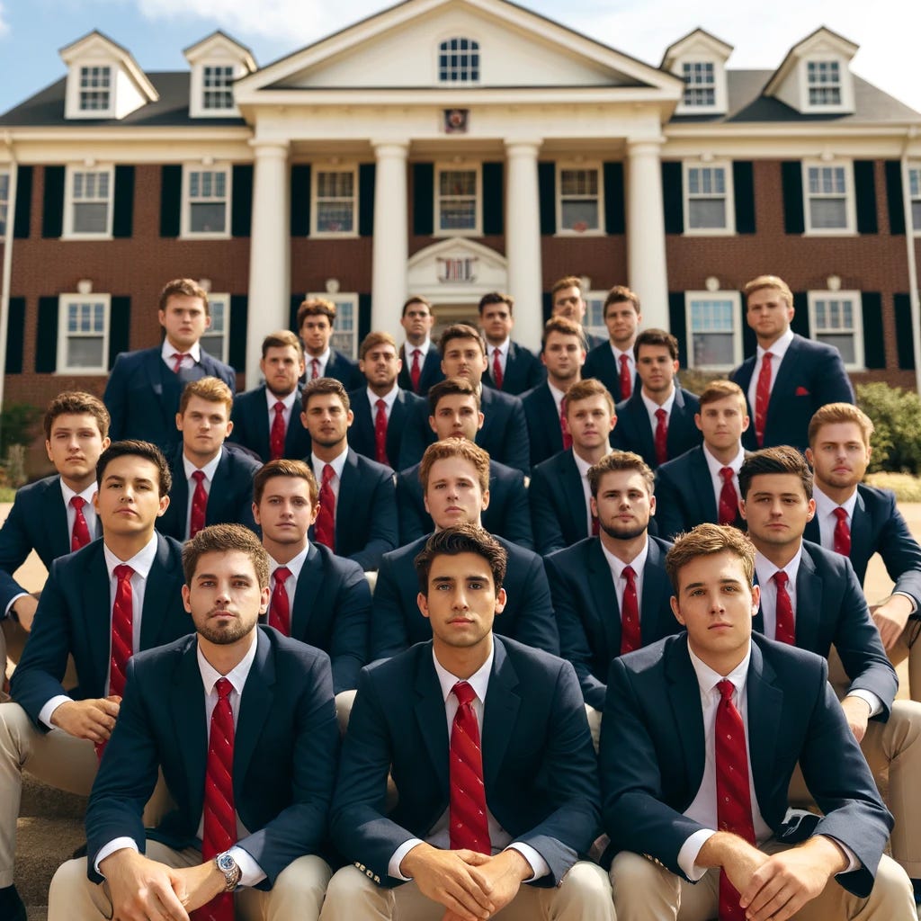 A photograph of a group of fraternity brothers dressed identically, standing together in solidarity. The scene features eight young men wearing classic navy blazers, white shirts, and matching red ties. They are posed in front of their fraternity house, a grand old building with traditional architecture. The group is arranged in two rows, with a proud and confident demeanor. The setting is on a sunny college campus, enhancing the sense of unity and brotherhood among them. Taken on: digital photography, natural light, wide-angle lens.