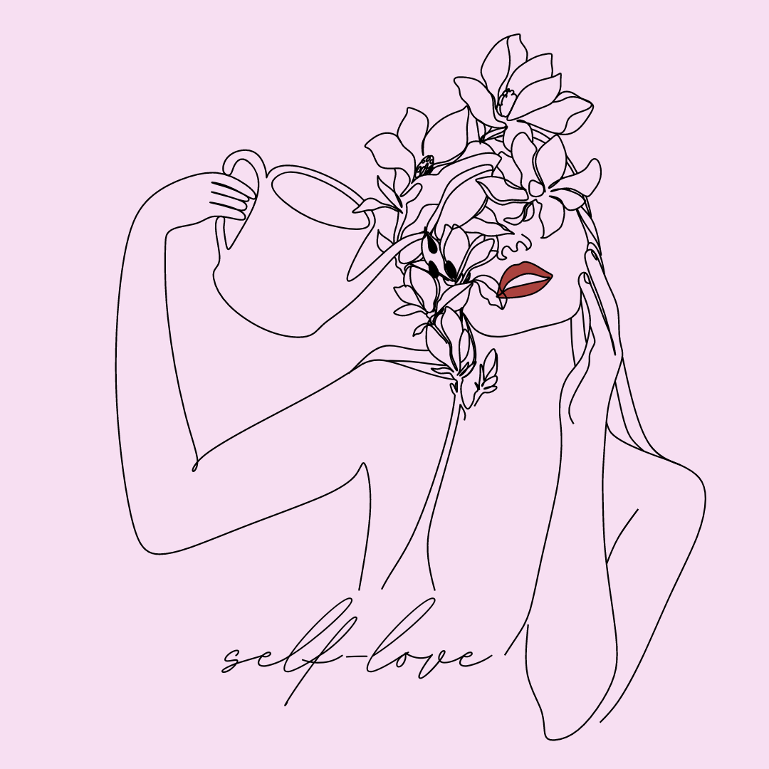 Black line drawing on pink background of a woman holding a watering can to the flowers in her hair