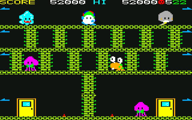 A screenshot from the PC-6001 release of Door Door, featuring all four alien types with different colors than they'd be represented by in the Famicom edition. The blue slime-like creature is more aqua here, while the hopping tadpole is grey rather than green.