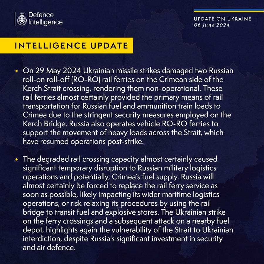 On 29 May 2024 Ukrainian missile strikes damaged two Russian roll-on roll-off (RO-RO) rail ferries on the Crimean side of the Kerch Strait crossing, rendering them non-operational. These rail ferries almost certainly provided the primary means of rail transportation for Russian fuel and ammunition train loads to Crimea due to the stringent security measures employed on the Kerch Bridge. Russia also operates vehicle RO-RO ferries to support the movement of heavy loads across the Strait, which have resumed operations post-strike.

The degraded rail crossing capacity almost certainly caused significant temporary disruption to Russian military logistics operations and potentially, Crimea’s fuel supply. Russia will almost certainly be forced to replace the rail ferry service as soon as possible, likely impacting its wider maritime logistics operations, or risk relaxing its procedures by using the rail bridge to transit fuel and explosive stores. 