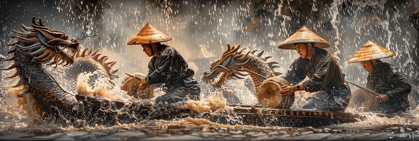 People in traditional straw hats rowing a dragon boat in turbulent waters, with water splashing dramatically around them.