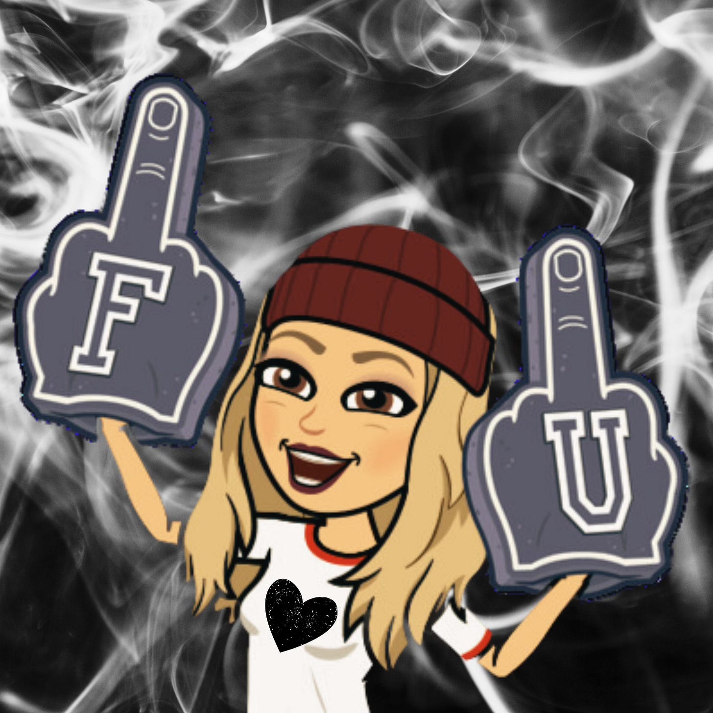 Bitmoji of the author in a snow cap and t-shirt with a black heart, lifting ginormous middle finger foamies with the letters F and U.