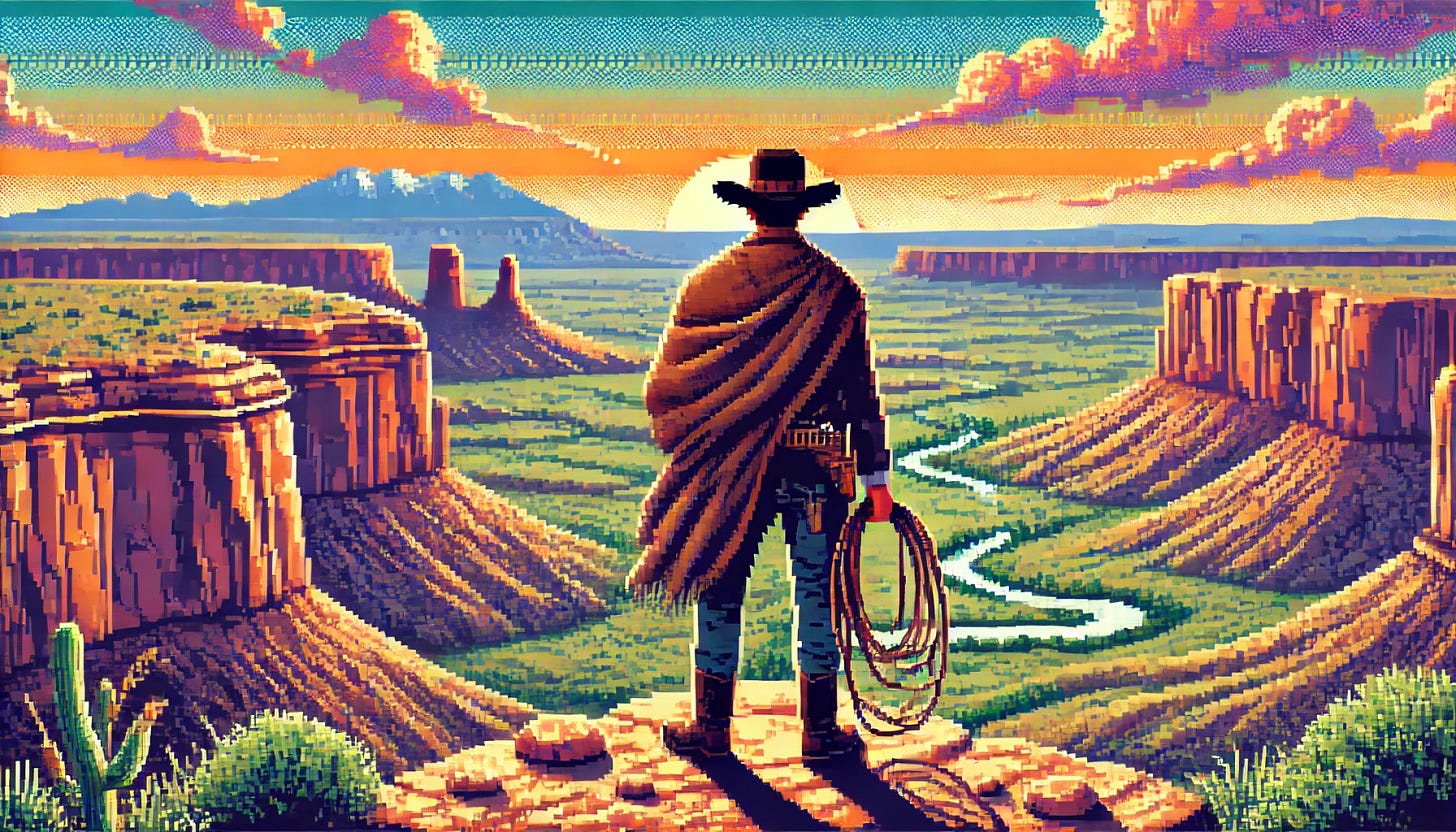 An 8-bit pixel art scene of a cowboy standing at the edge of a mesa, looking out over a vast landscape below. The cowboy wears a hat, duster coat, and boots, with a lasso hanging at his side. The landscape below includes rolling plains, a winding river, and distant mountains under a vivid sunset sky. The scene captures a sense of exploration and solitude in the untamed frontier.