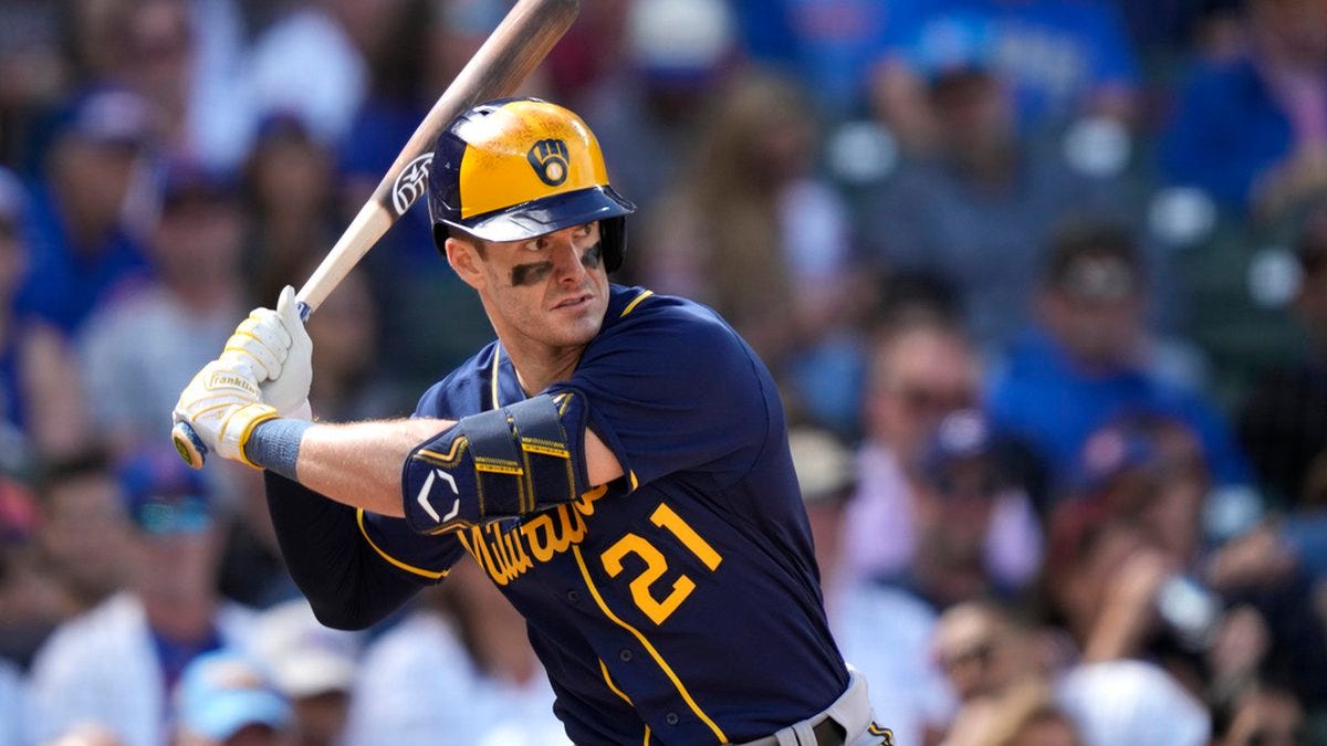 Milwaukee Brewers' Mark Canha waits for the next pitch during a baseball game against the...