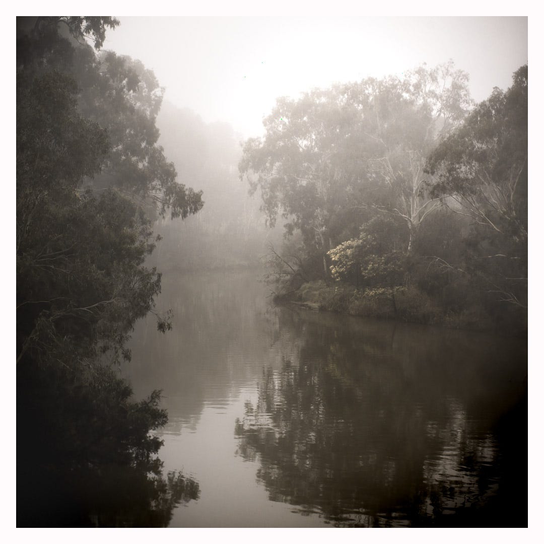 Black and white image of Yarra River on foggy morning