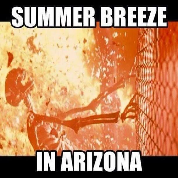 Skeleton being blasted with nuclear fire with caption "Summer Breeze in Arizona"