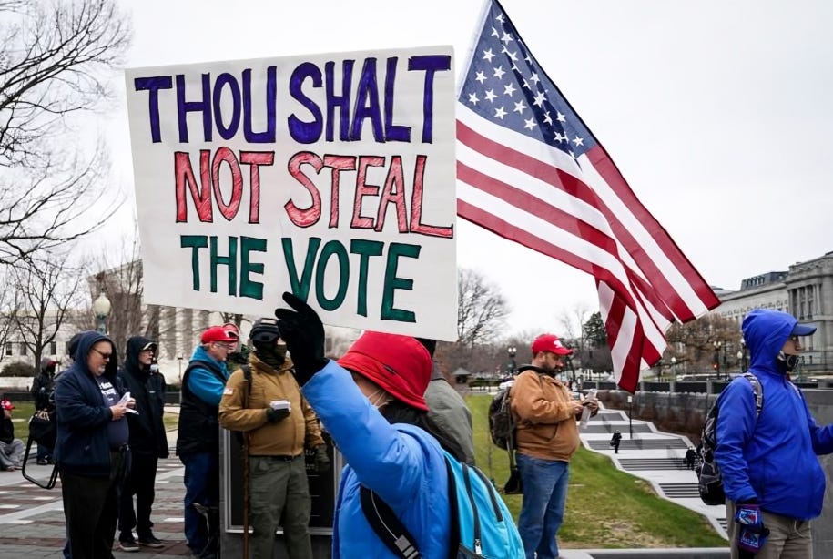 A protester holding a sign that reads "Thou Shalt Not Steal The Vote" with an American flag in the background. Other individuals in red caps and winter clothing stand nearby.