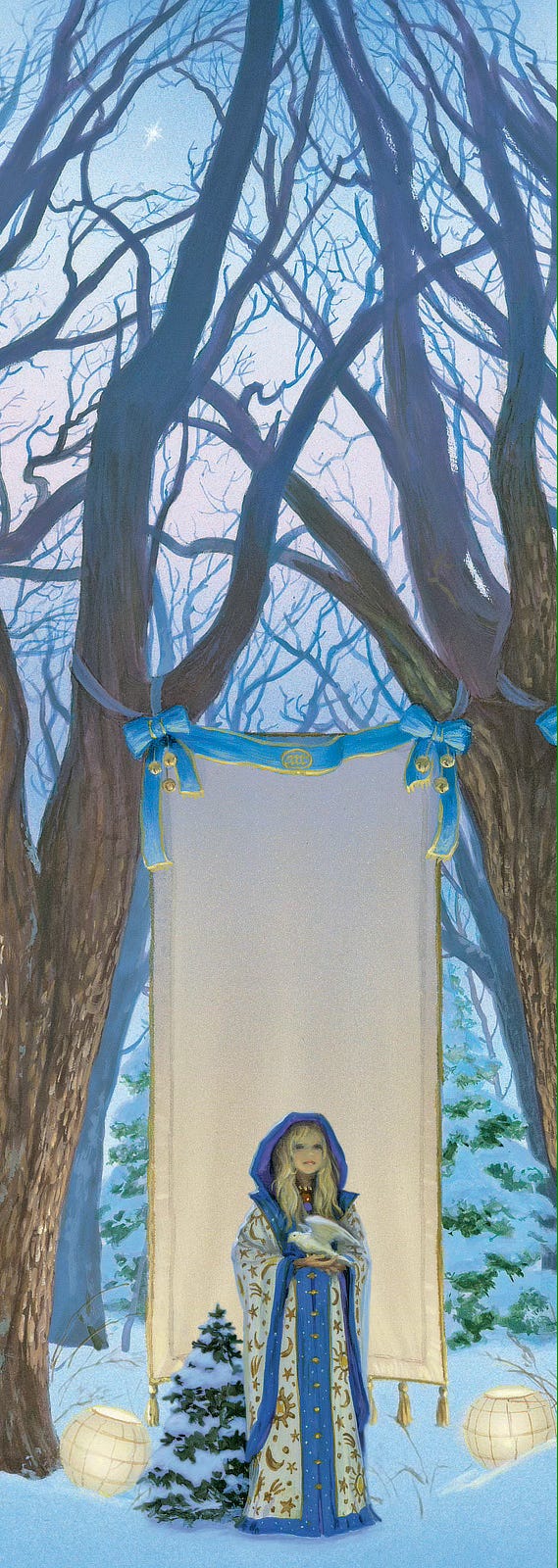 A woman holding a dove stands in front of a banner hung from the bare branches of trees. Astronomical symbols (sun, moon, stars) are embroidered on her hooded robes which are white trimmed in royal blue. A snow burdened evergreen next to her rises to waist height. The banner is white cloth decorated with azure ribbons tied in bows at the corners. A trio of jingle bells hang at each side. The border is trimmed in gold down to the tassels dangling at the bottom. Two paper lanterns rest in the snow. Through the intersection branches of the tree, a single star twinkles in the sky.