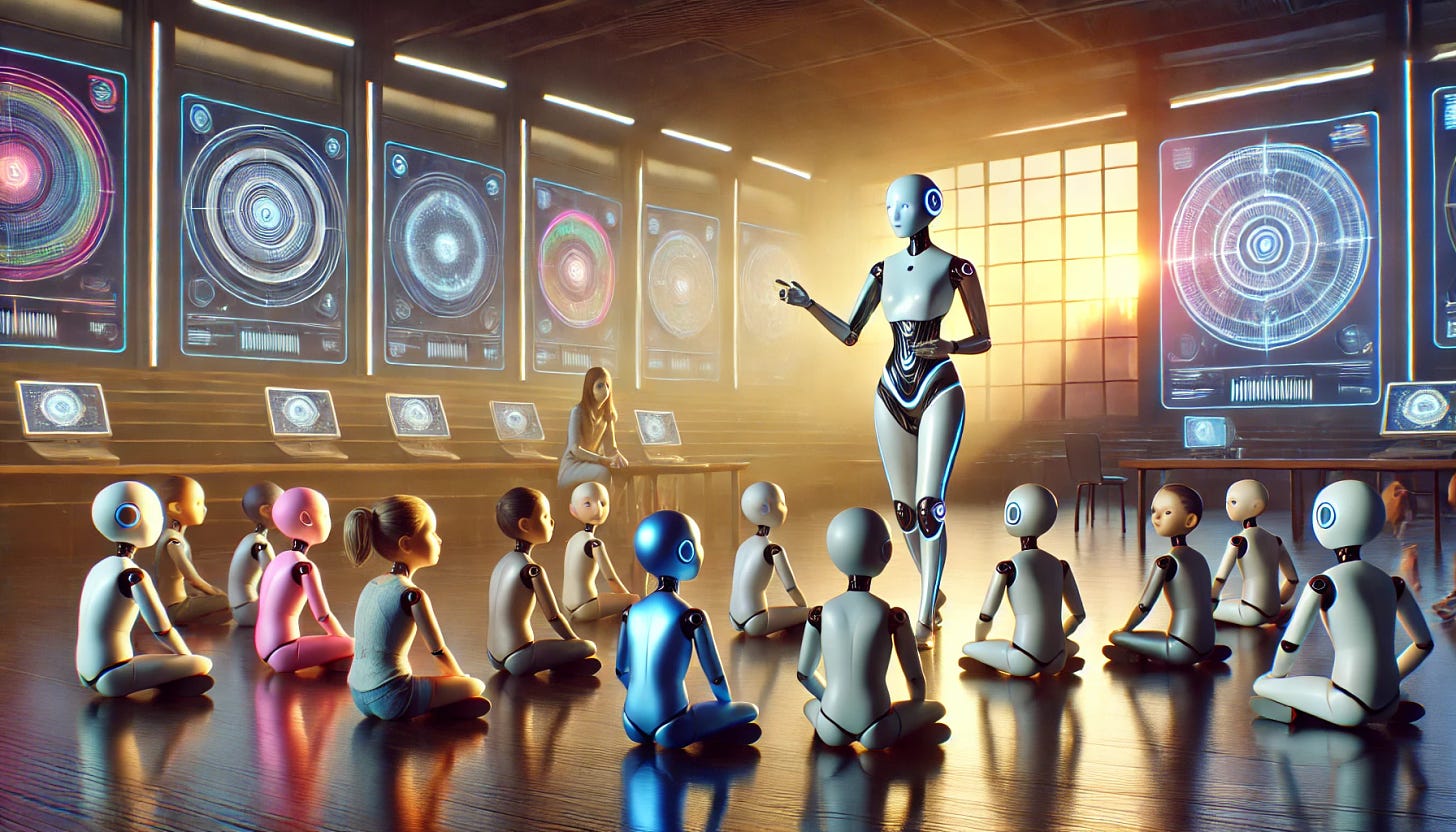 A futuristic AI teacher interacting with a group of smaller student AIs in a cinematic setting. The teacher AI has a sleek, humanoid design with glowing accents, displaying a calm and wise demeanor. The smaller student AIs are diverse, with various shapes and colors, each designed uniquely to show individuality. The background is cinematic, featuring a grand, high-tech classroom with large windows showing a futuristic cityscape at sunset, casting a warm glow over the scene. Soft lighting adds a sense of depth and wonder to the environment.