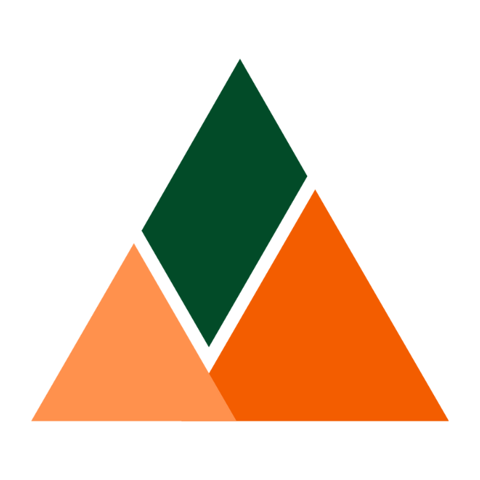 A triangle made with two shades of orange and a dark green
