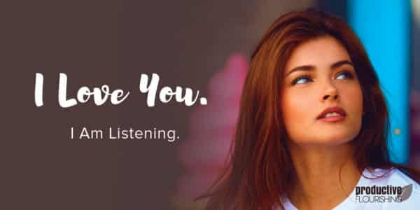 A woman with long brown hair looks at the right upper-hand corner of the frame against a pink and blue background. Text Overlay: I Love You, I Am Listening.