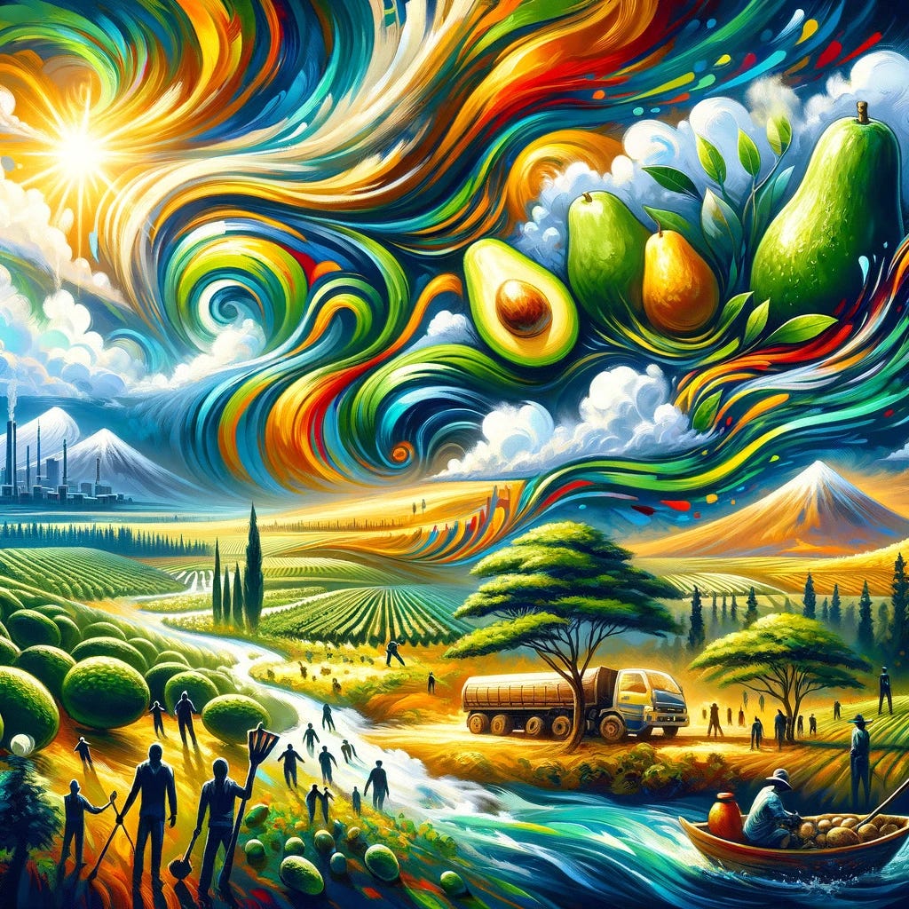 An abstract painting celebrating Kenya's rise in avocado exports. Swirling, vibrant brushstrokes depict the country's favorable climate and location. Elements include highland landscapes with avocado trees, abundant rainfall, and equatorial sunlight. Figures of farm workers are shown in a positive light, symbolizing their contribution. Contrasting colors highlight Kenya's sustainability and growth, with hints of export routes and global connections. The style resembles oil on canvas with expressive and hopeful undertones.