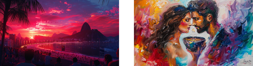 Left: A vibrant sunset over a crowded beach with mountains in the background. Right: A colorful painting of a couple sharing an intimate moment with a drink.