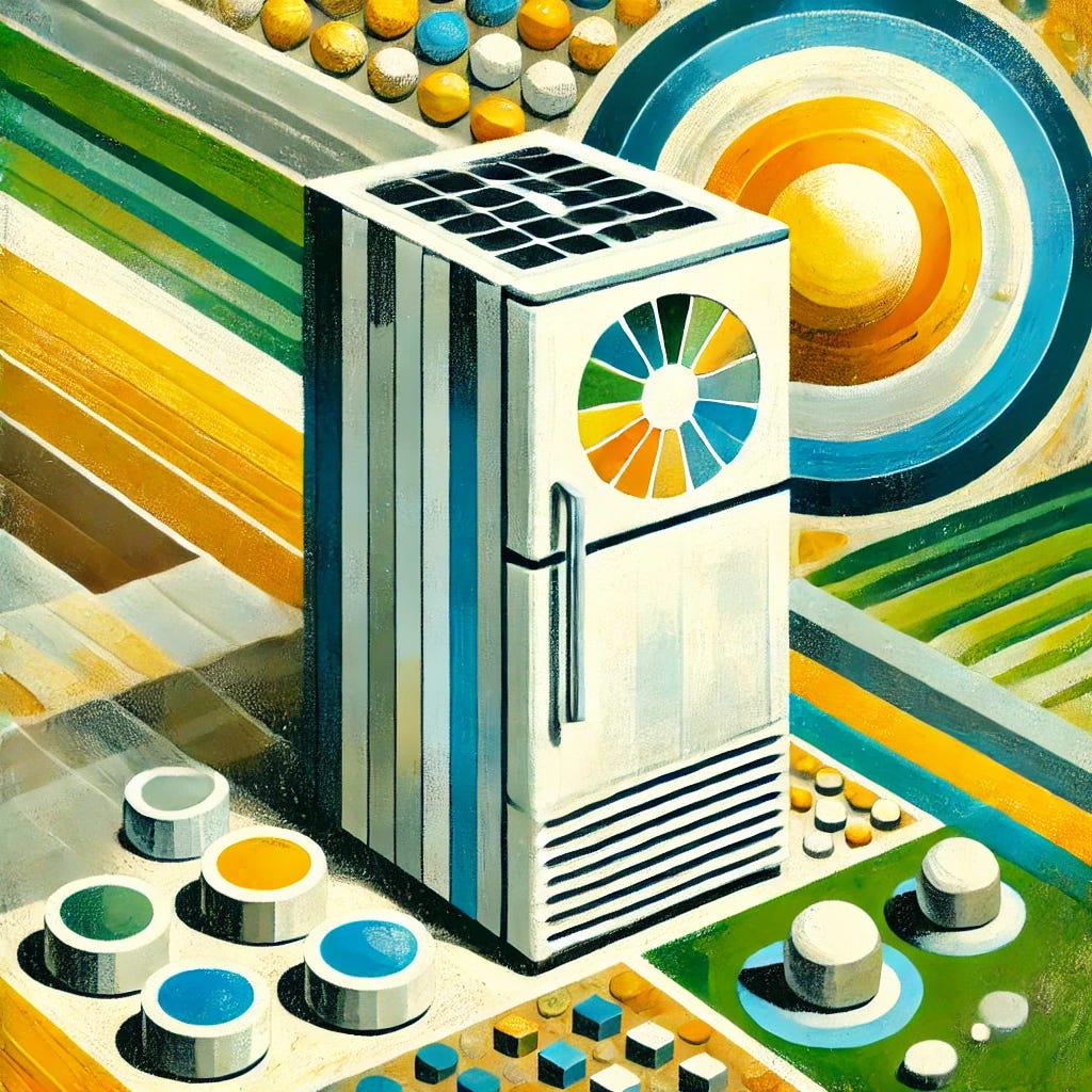 An abstract painting of a solar-powered refrigerator as the focal point. The refrigerator is composed of bold geometric shapes, highlighted in bright yellows and whites to represent the sun's energy powering it. Surrounding the fridge are small circular forms in light blue and silver, symbolizing cooling and temperature stability. The background uses blended shades of green, blue, and brown to evoke natural energy sources and agriculture. The image is flat, with visible brushstrokes adding texture, creating a two-dimensional, decorative style. The overall feel is of innovation, sustainability, and accessible solutions in energy-scarce regions. Bright color palette, harmonious and playful composition.