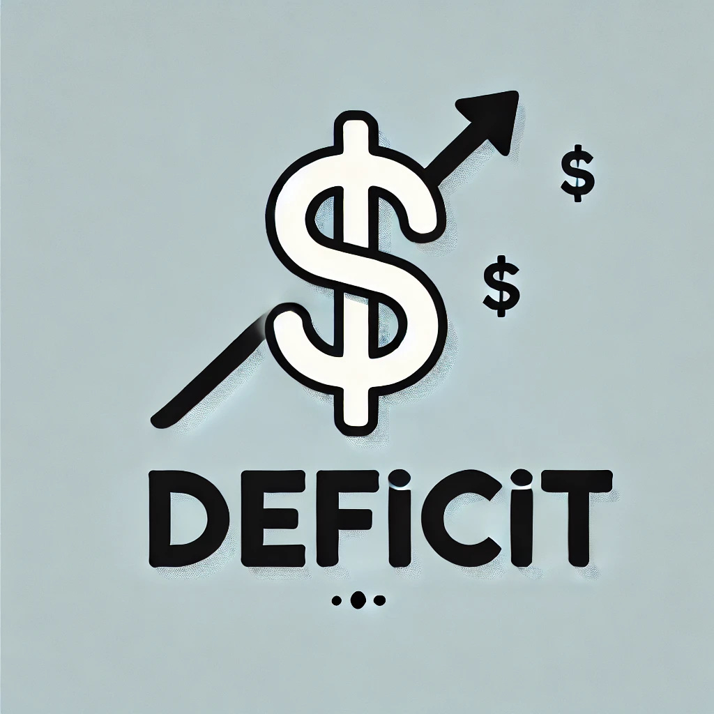 A minimalist graphic showing the word 'Deficit' spelled correctly with a large dollar sign and an upward arrow symbolizing the rising deficit. The design is simple and clean, focusing on the visual representation of the increasing financial burden.