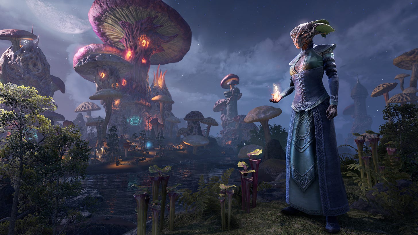 An official screenshot from The Elder Scrolls Online. A robed lizard-person is shown standing in front of a landscape featuring a gloomy night sky and towering purple mushrooms. The lizard creature has a fireball in its hand.