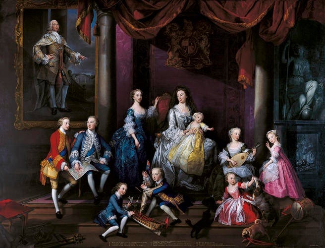 A family portrait of Augusta and her children, with a portrait of the late Frederick hanging in the back.