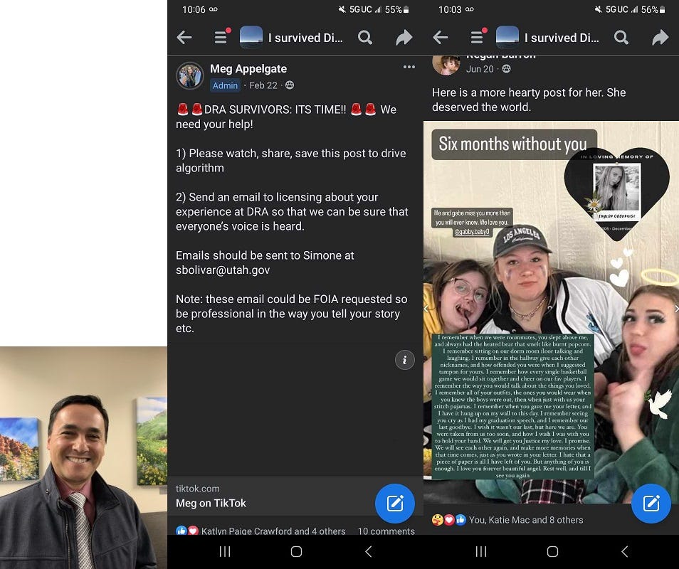 Three pictures—1) a man in a shirt and tie wearing a jacker, 2) a TikTok post calling for "SURVIVORS" to email Utah's Office of Licensing director about their experiences at Diamond Ranch and 3) a six-month anniversary TikTok memorium post about Taylor Goodridge