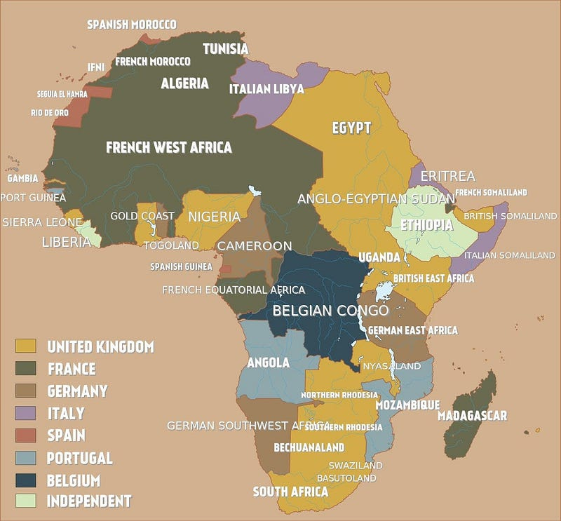 A map of Africa as divided among the European interests.